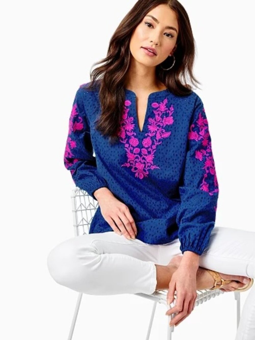 Lilly Pulitzer Emberline Eyelet Tunic with Pink Embroidery
